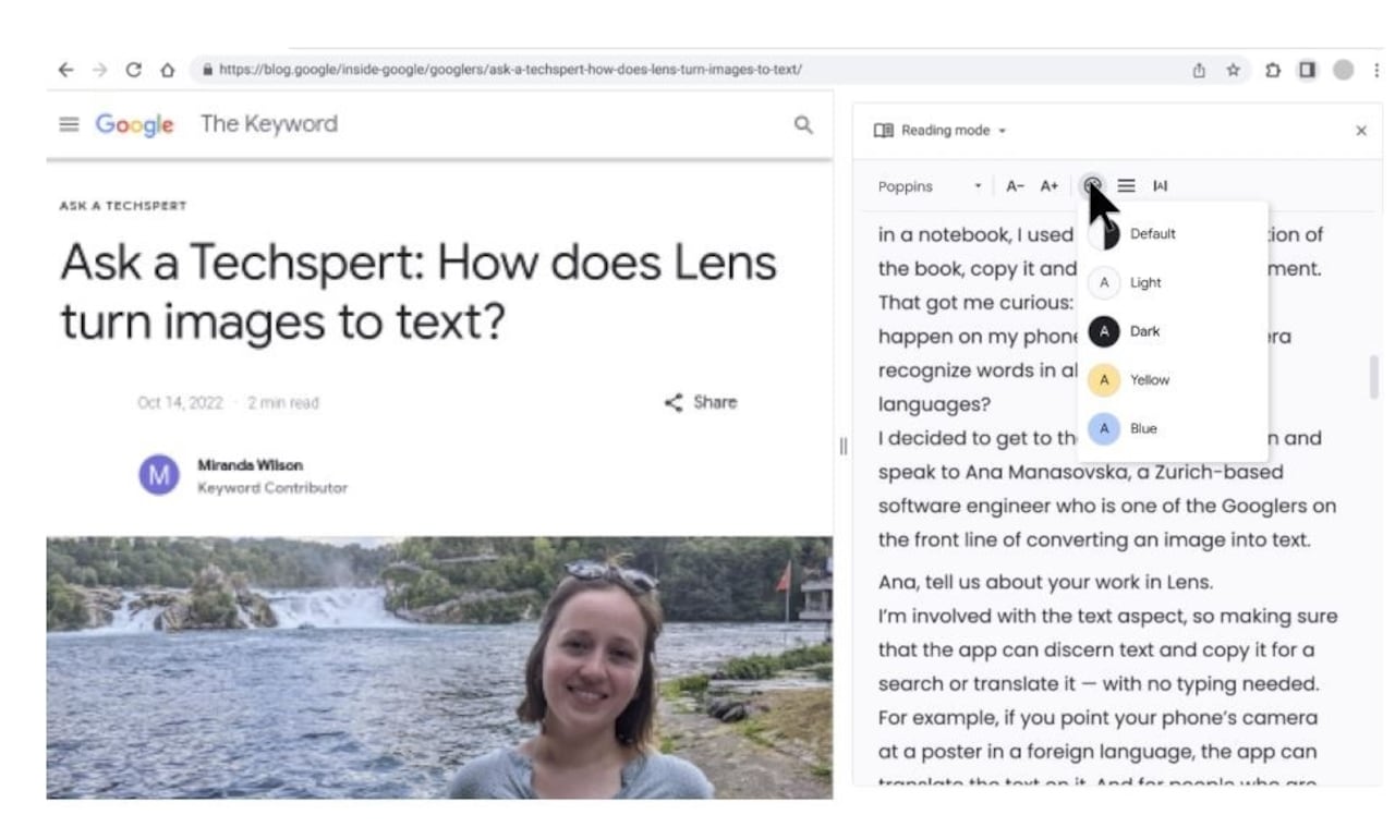 Interfaz del Modo lectura de Google Chrome para PC de escritorio.