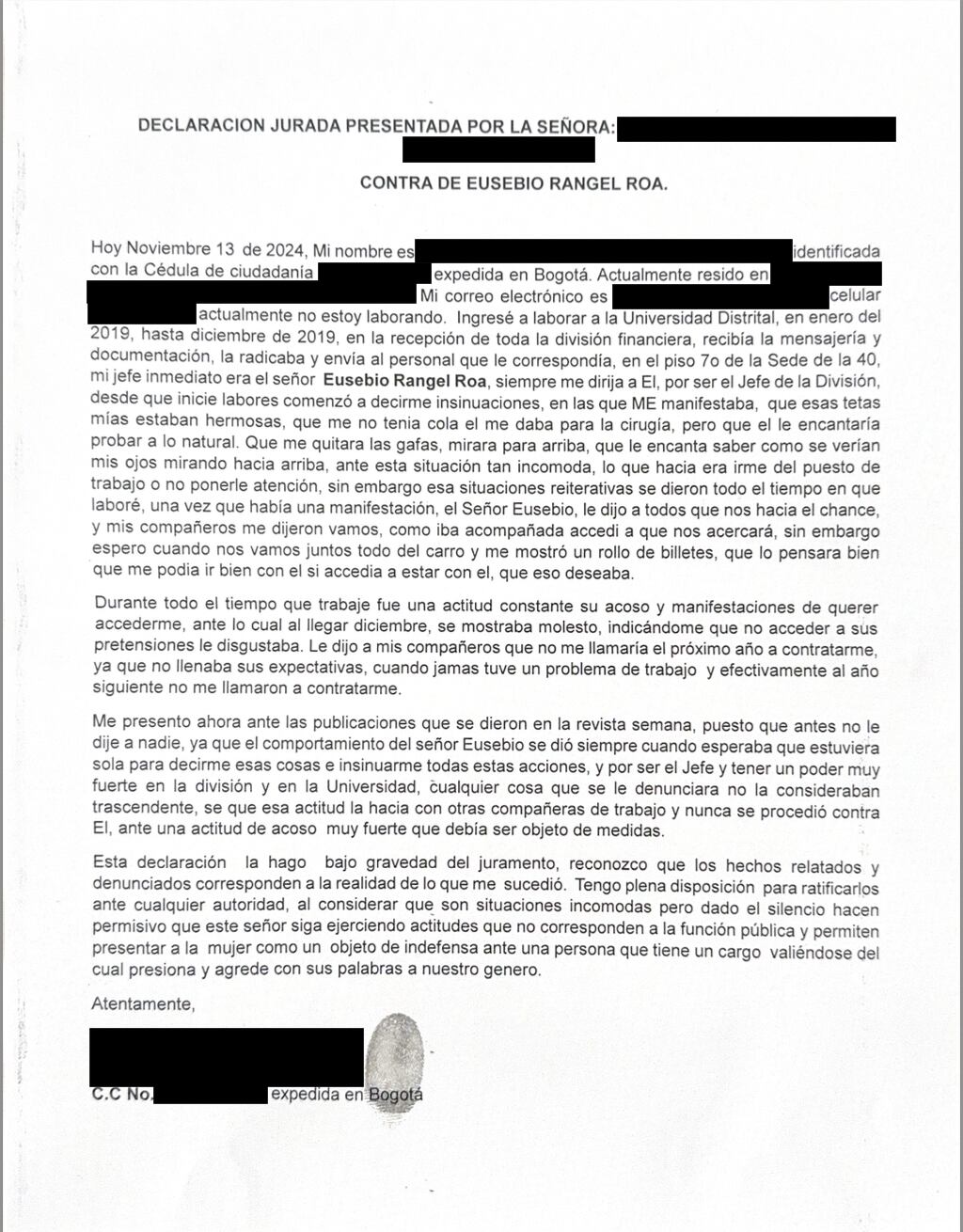 Nueva declaración contra Eusebio Rangel Roa.