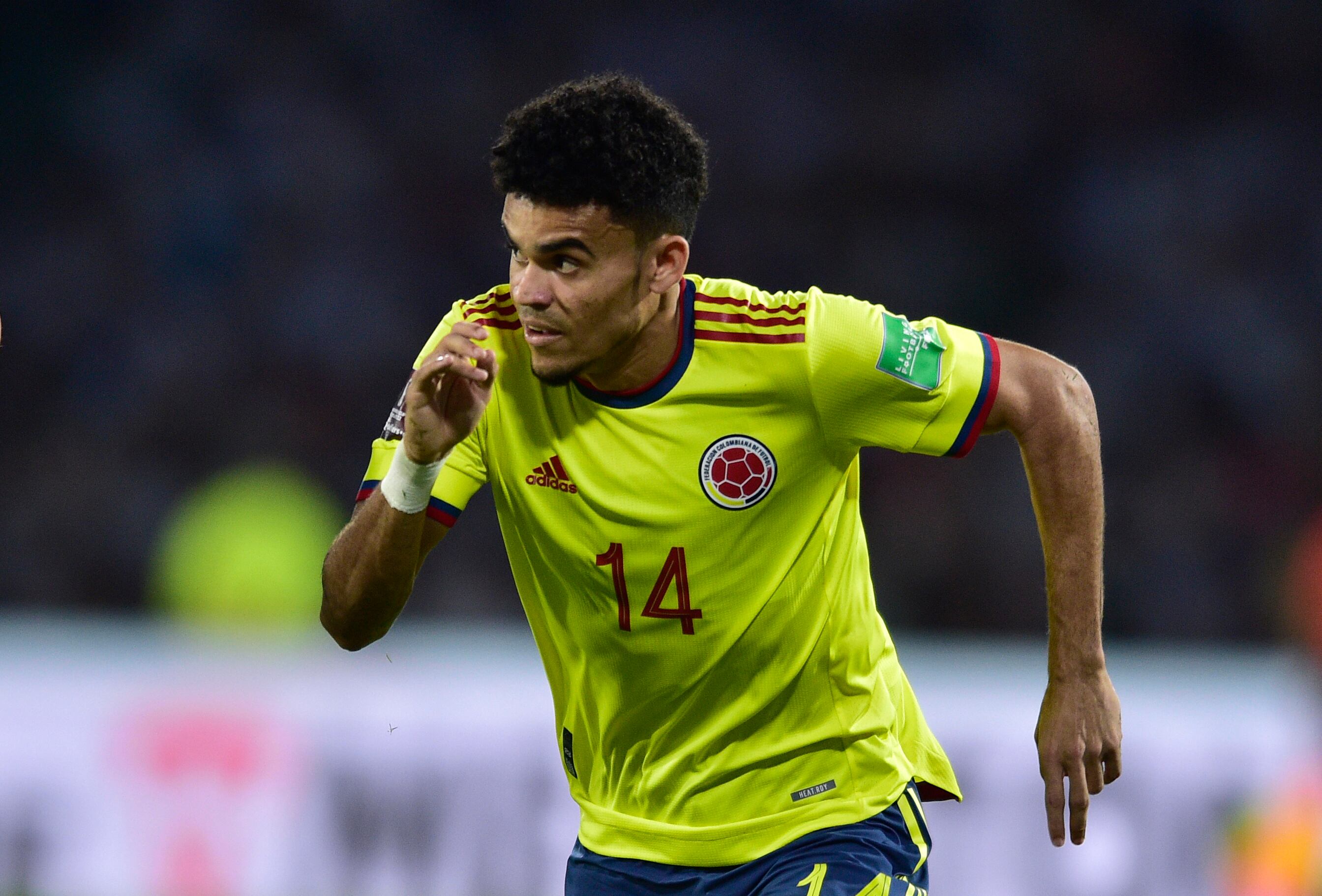 Colombia's Luis Diaz looks on during a qualifying soccer match for the FIFA World Cup Qatar 2022 against Argentina at Mario Alberto Kempes stadium in Cordoba, Argentina, Tuesday, Feb.1, 2022. (AP Photo/Gustavo Garello)