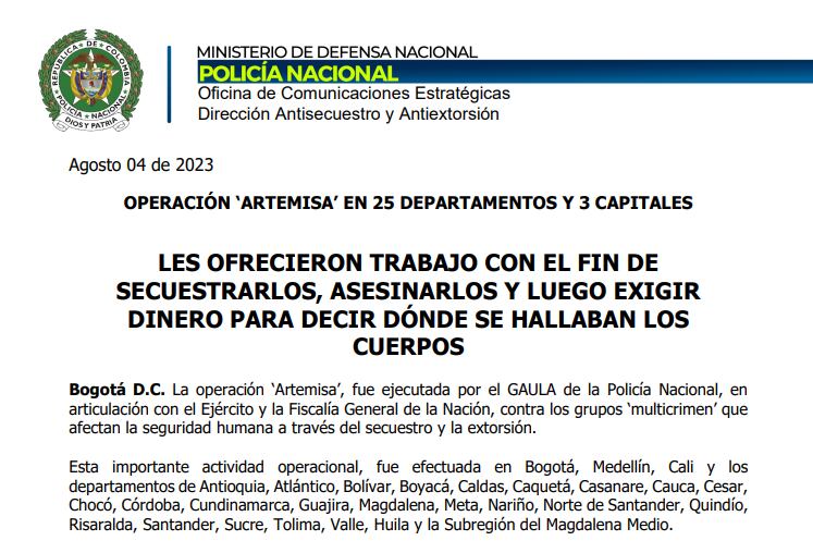 El Gaula de la Policía reveló detalles de la macabra organización que secuestraba personas humildes, les quitaba los dedos para presionar los pagos y luego las asesinaban.