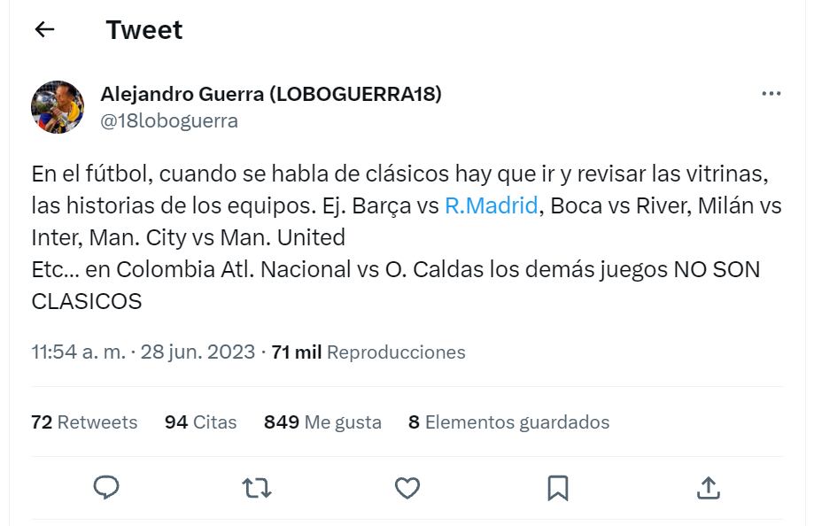 Alejandro Guerra, recordado volante de Nacional, dejó claro el clásico rival del equipo paisa