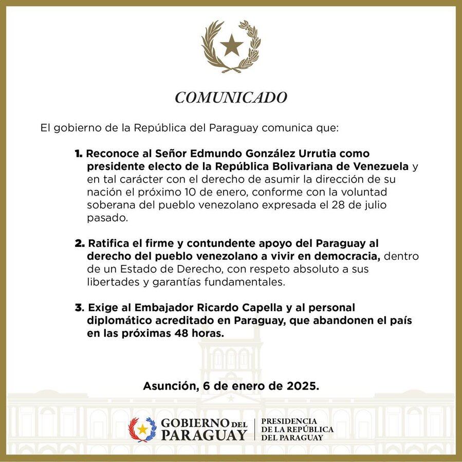 Comunicado del Gobierno del Paraguay sobre las relaciones con Venezuela.
