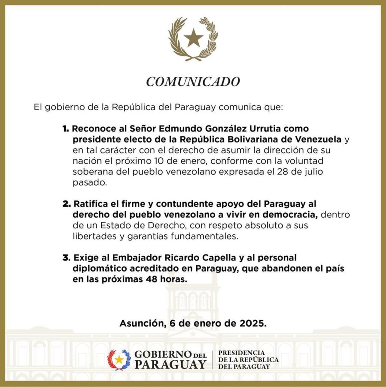 Comunicado del Gobierno del Paraguay sobre las relaciones con Venezuela.