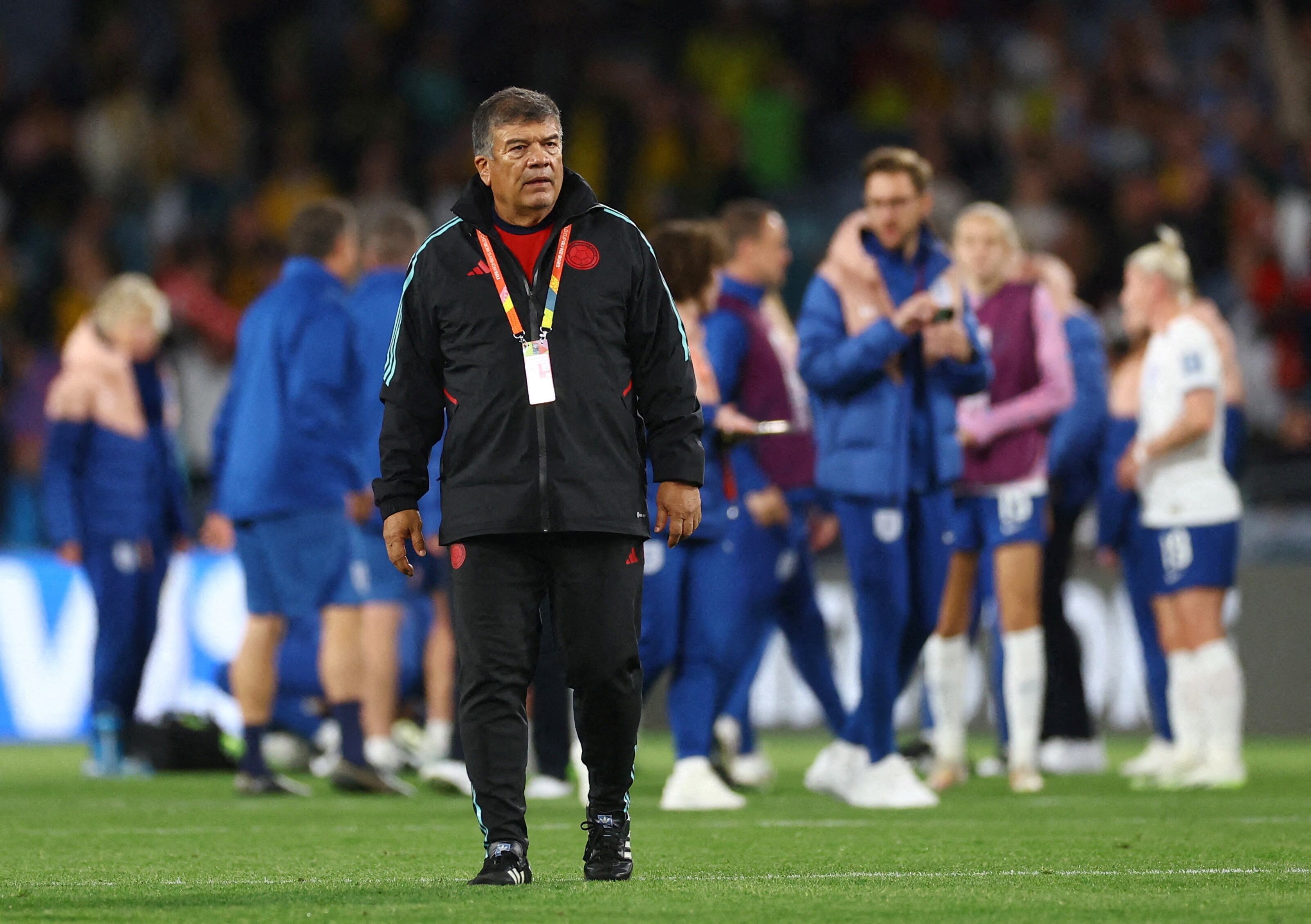 FILE PHOTO: Soccer Football - FIFA Women’s World Cup Australia and New Zealand 2023 - Quarter Final - England v Colombia - Stadium Australia, Sydney, Australia - August 12, 2023 Colombia coach Nelson Abadia looks dejected after being knocked out of the World Cup REUTERS/Carl Recine/File Photo