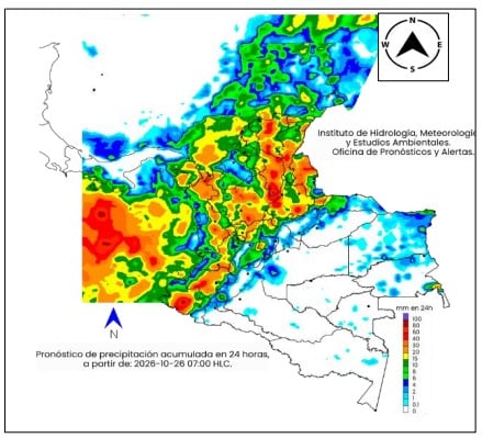 Mapa del clima en Colombia para el lunes 26 de octubre.