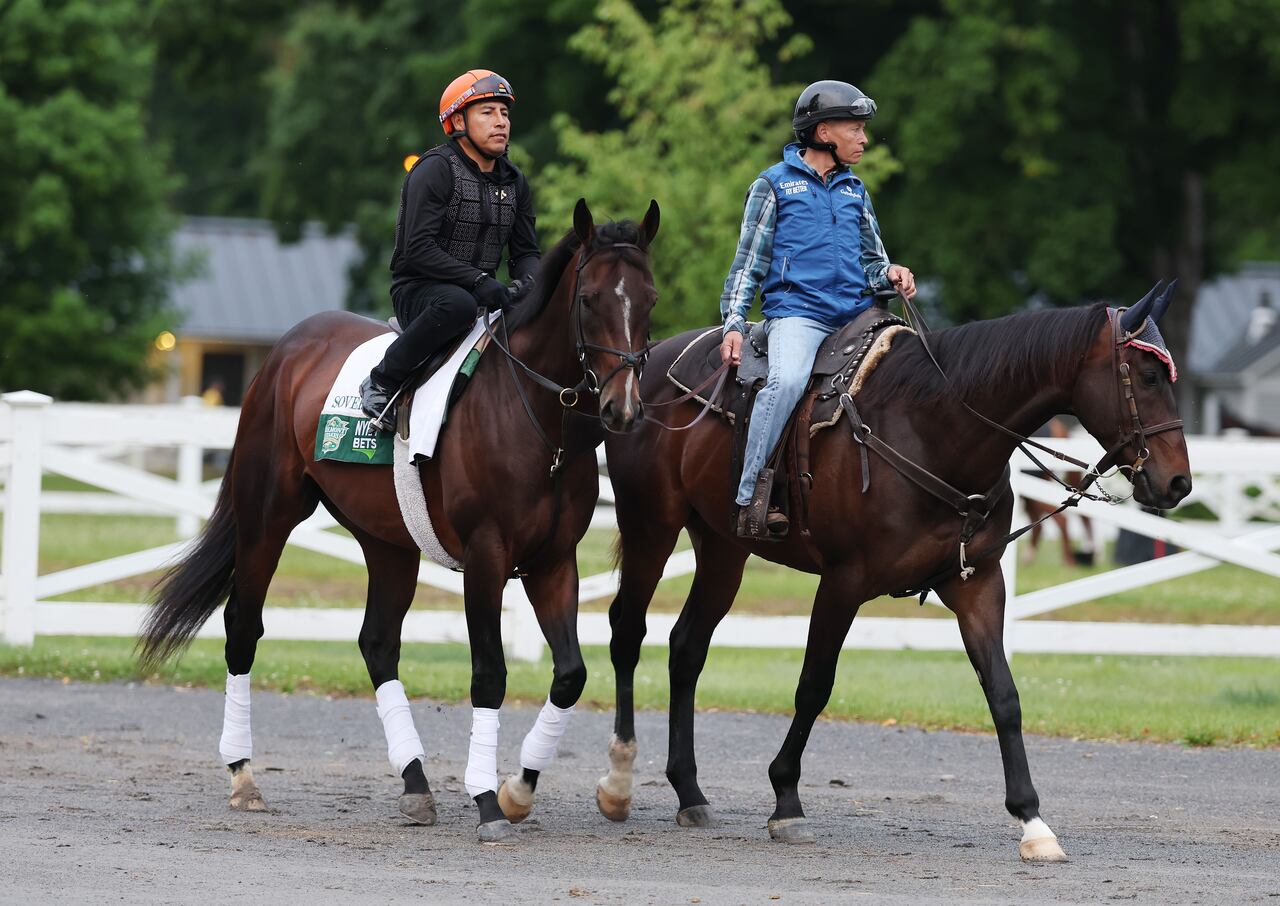SARATOGA SPRINGS, NEW YORK - JUNE 06: Sovereignty heads to the track before a morning workout, prior to the 157th running of the Belmont Stakes at Saratoga Race Course on June 06, 2025 in Saratoga Springs, New York. (Photo by Al Bello/Getty Images)
