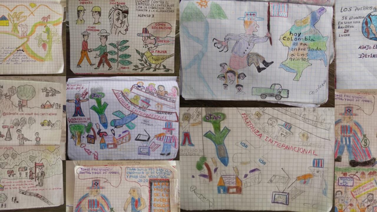 Los niños ilustran los mensajes que les trasmite el grupo guerrillero.