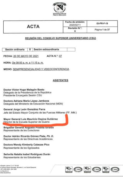 Acta que confirma que el actual comandante del Ejército avaló compra de un edificio para la Universidad Militar que tendría sobrecostos superiores a los $6.000 millones.