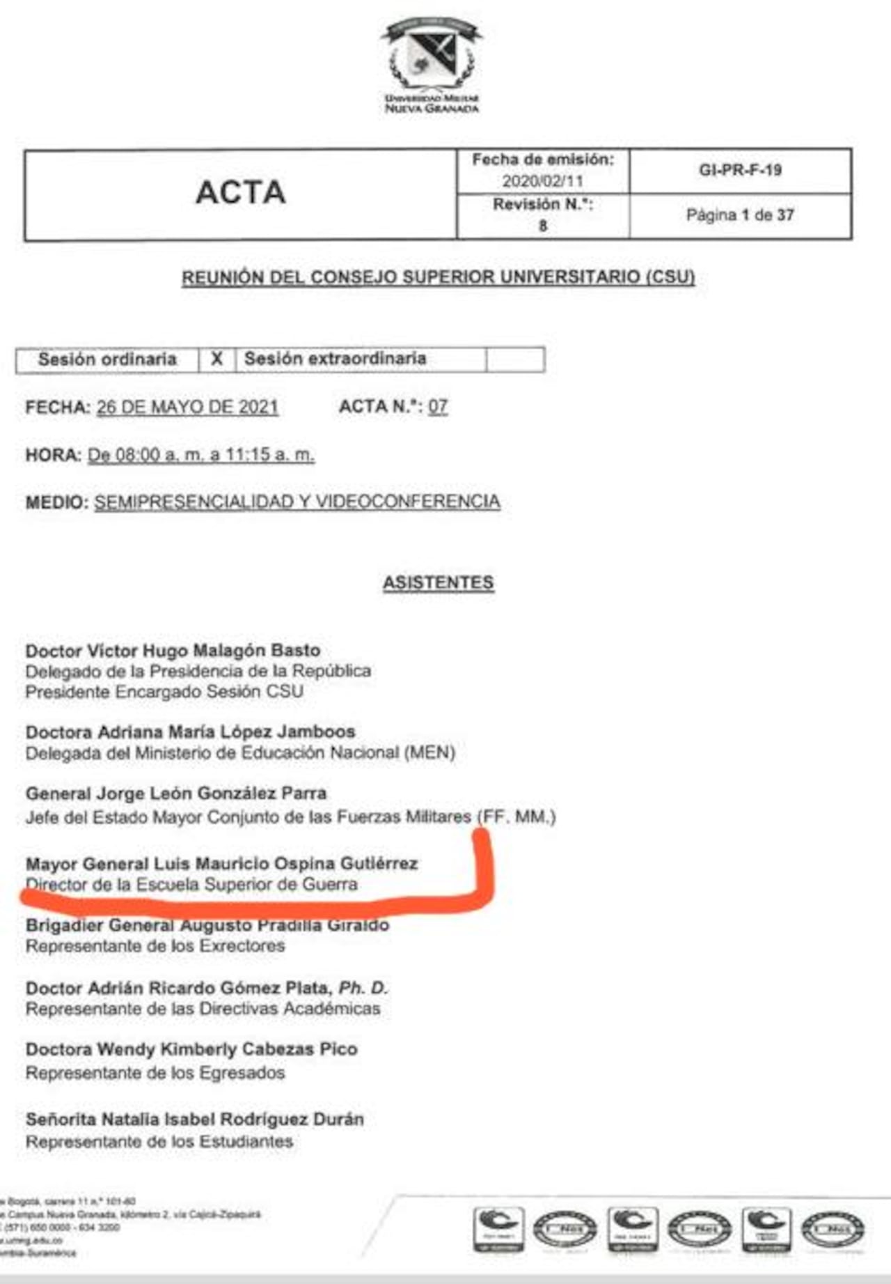 Acta que confirma que el actual comandante del Ejército avaló compra de un edificio para la Universidad Militar que tendría sobrecostos superiores a los $6.000 millones.