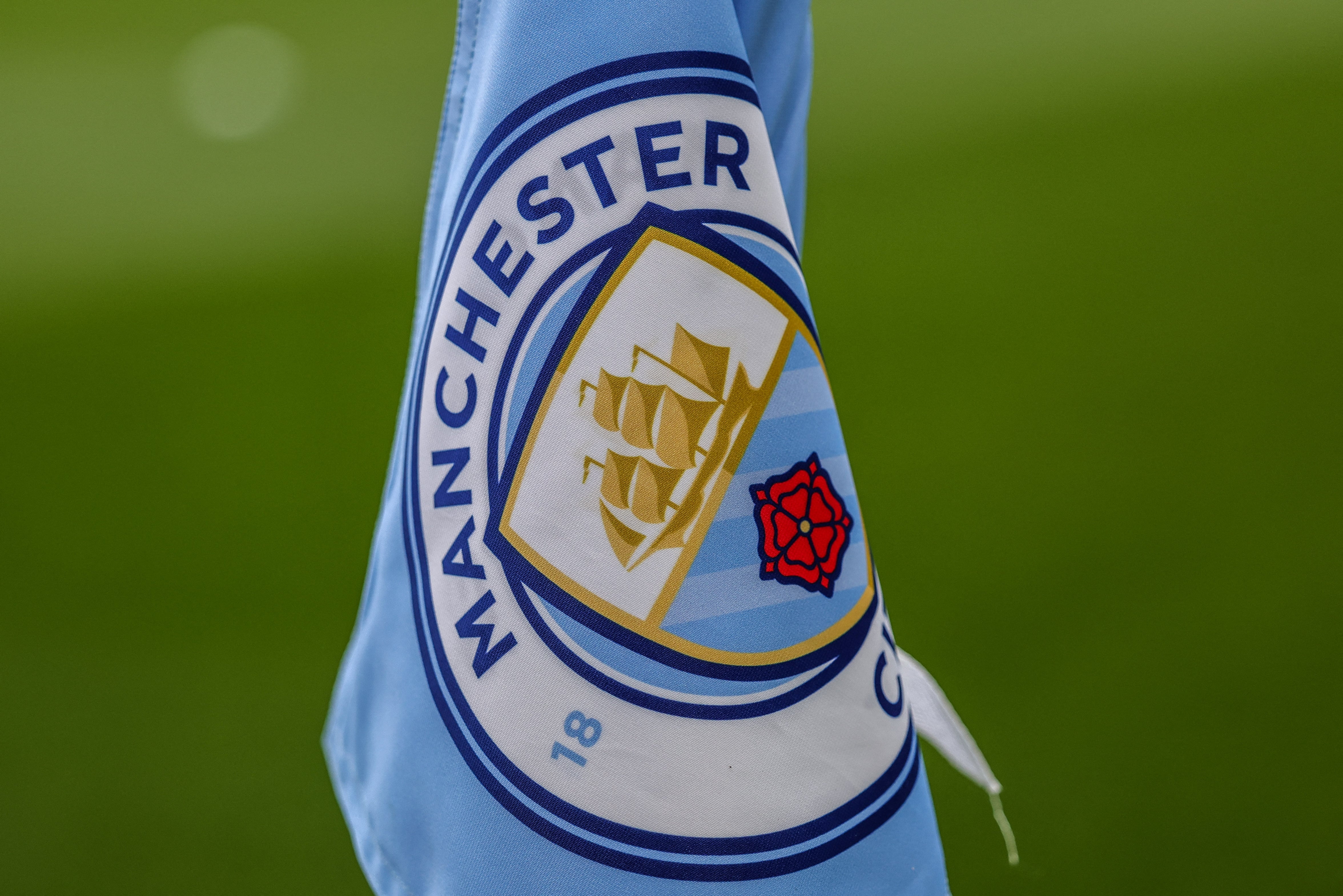 A Manchester City corner flag is seen during the Premier League match between Manchester City and Crystal Palace at Etihad Stadium in Manchester, United Kingdom, on May 13, 2026. (Photo by Mark Cosgrove/News Images/NurPhoto) (Photo by News Images / NurPhoto via AFP)