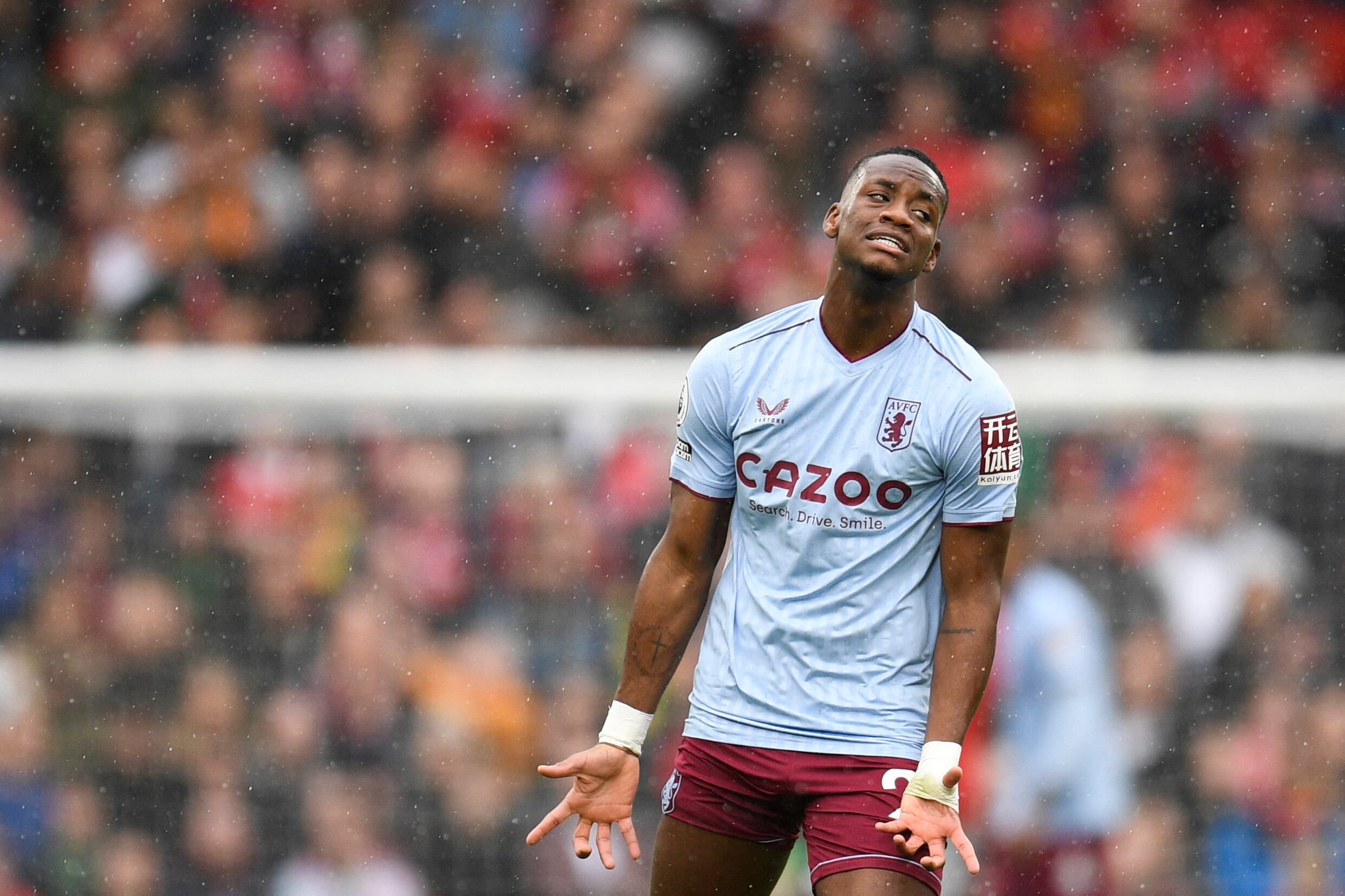 Aston Villa's Columbian striker Jhon Duran reacts during the English Premier League football match between Manchester United and Aston Villa at Old Trafford in Manchester, north west England, on April 30, 2023. (Photo by Oli SCARFF / AFP) / RESTRICTED TO EDITORIAL USE. No use with unauthorized audio, video, data, fixture lists, club/league logos or 'live' services. Online in-match use limited to 120 images. An additional 40 images may be used in extra time. No video emulation. Social media in-match use limited to 120 images. An additional 40 images may be used in extra time. No use in betting publications, games or single club/league/player publications. /