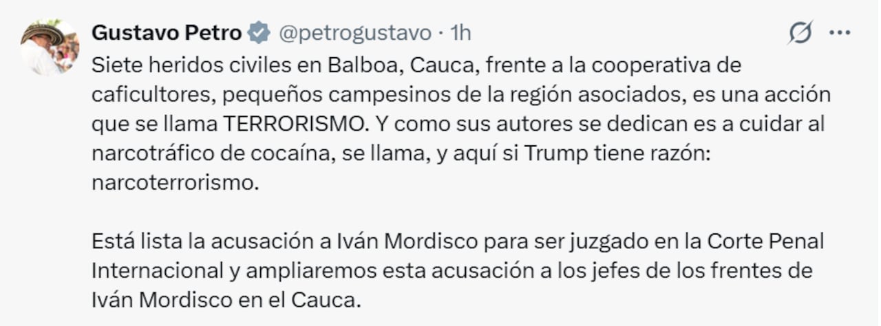 El mensaje del presidente Gustavo Petro por el atentado en Balboa, Cauca.