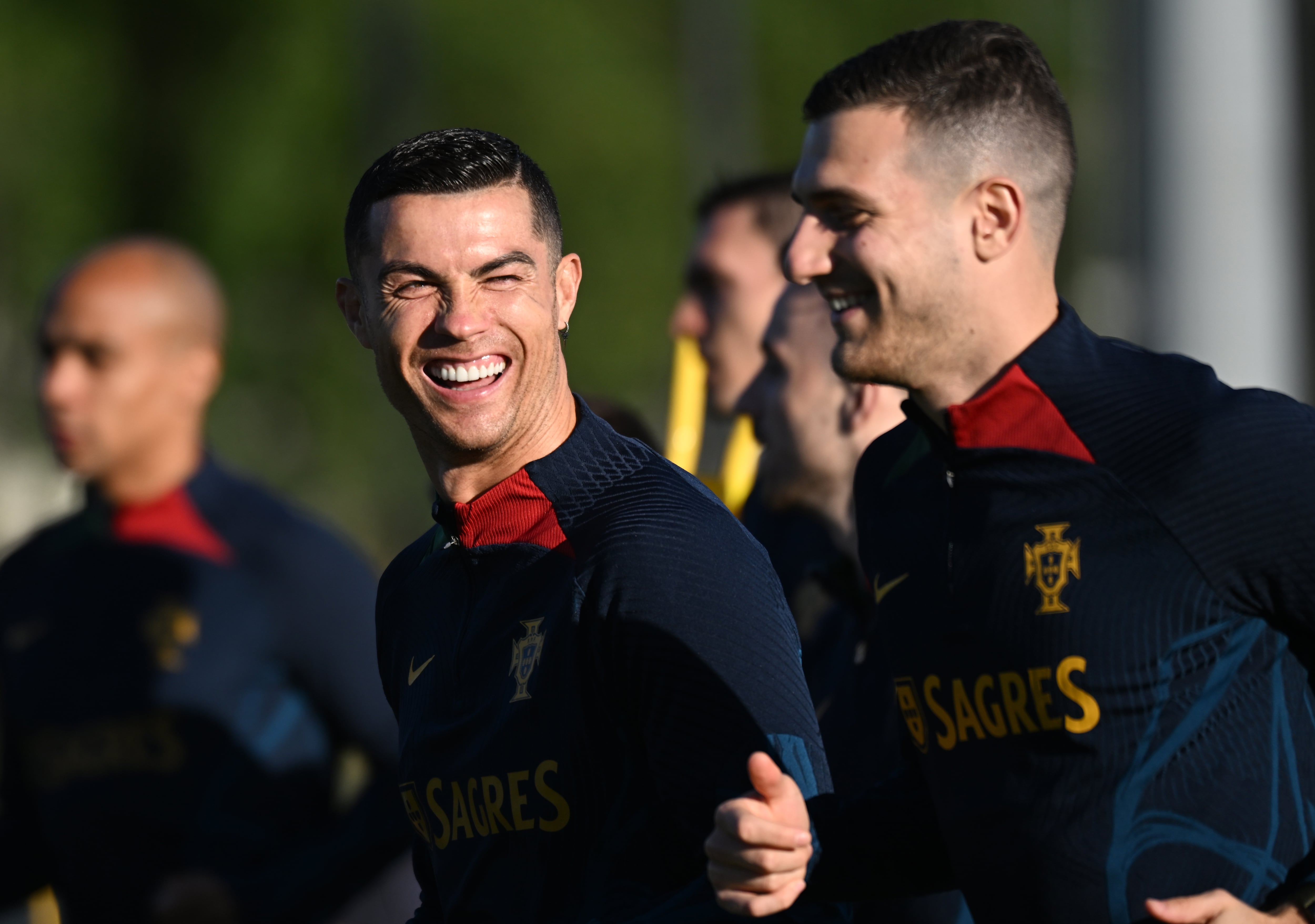 OEIRAS, PORTUGAL - MARCH 21: Cristiano Ronaldo of Portugal reacts during a training session prior to the Portugal and Liechtenstein European Qualifier match at the Cidade do Futebol on March 21, 2023 in Oeiras, Portugal. (Photo by Zed Jameson/MB Media/Getty Images)