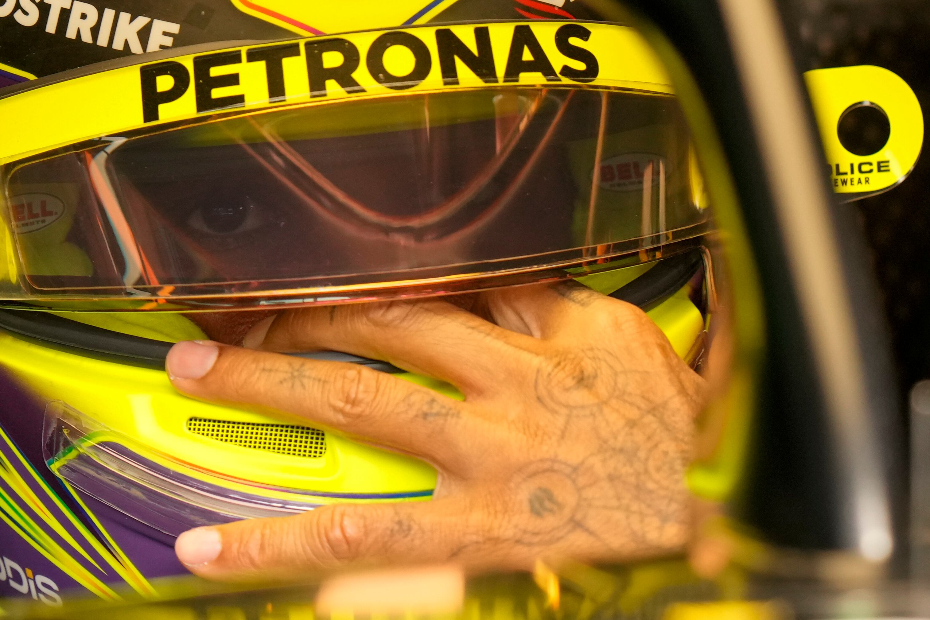 Mercedes driver Lewis Hamilton of Britain prepares for the second practice session ahead of Sunday's Formula One Italian Grand Prix auto race, at the Monza racetrack, in Monza, Italy, Friday, Sept. 1, 2023. (AP Photo/Luca Bruno)