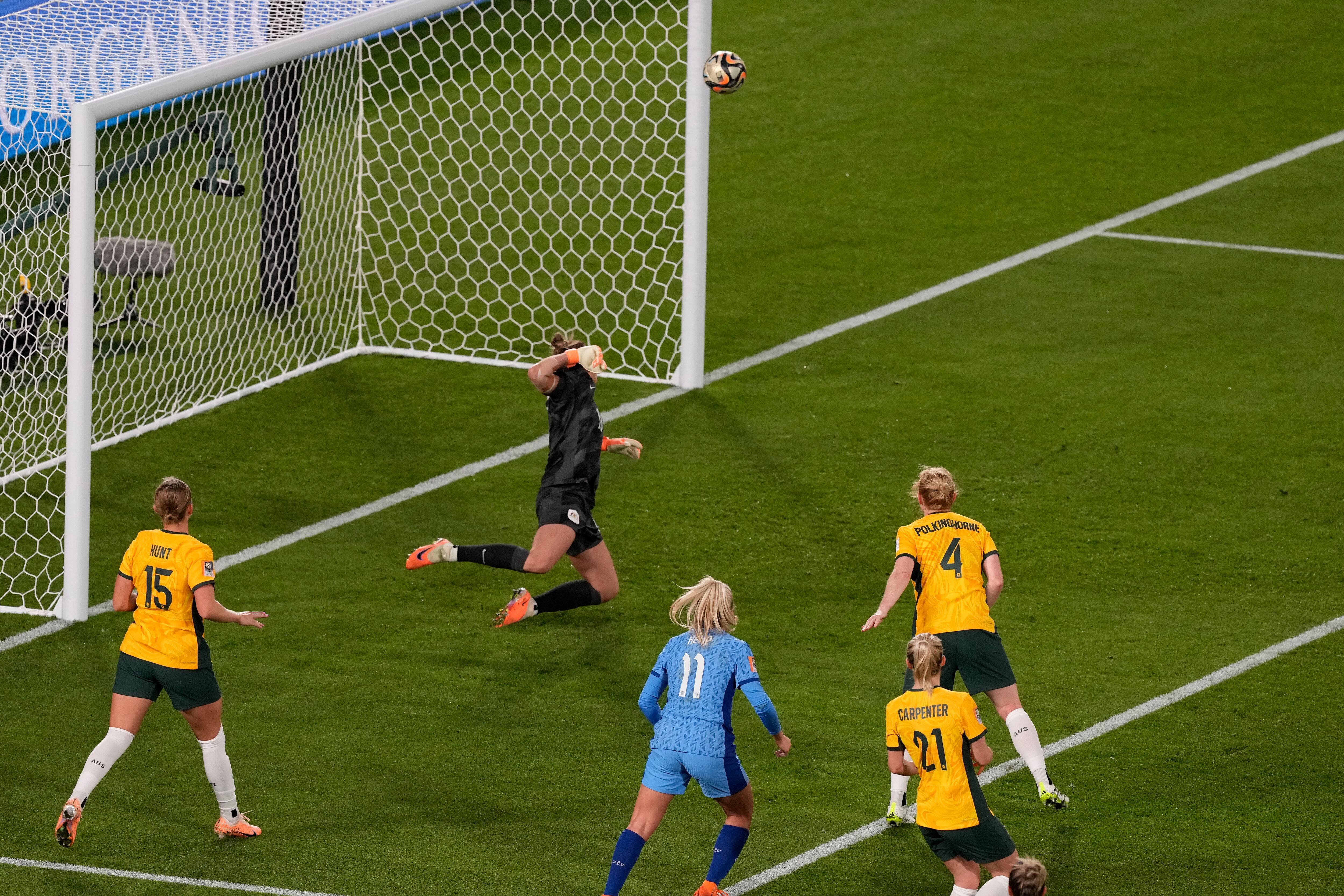 Australia's goalkeeper Mackenzie Arnold fails to save the goal from England's Ella Toone during the Women's World Cup semifinal soccer match between Australia and England at Stadium Australia in Sydney, Australia, Wednesday, Aug. 16, 2023. (AP Photo/Mark Baker)