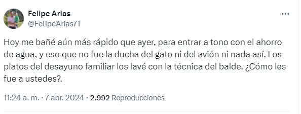 El periodista Felipe Arias ya está en modo ahorro de agua.