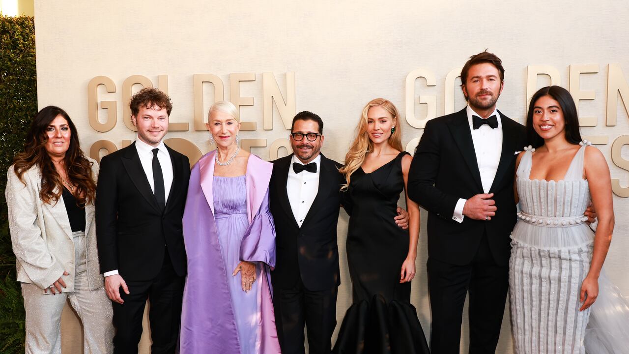 Nina L. Diaz, Ben Richardson, Helen Mirren, David Glasser, Michelle Randolph, Brandon Sklenar, and Aminah Nieves at the 81st Golden Globe Awards held at the Beverly Hilton Hotel on January 7, 2024 in Beverly Hills, California. (Photo by Elyse Jankowski/Golden Globes 2024/Golden Globes 2024 via Getty Images)