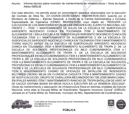 La obra de mantenimiento de la torre de asalto habría salido mal planeada del Comando de Ingenieros del Ejército.