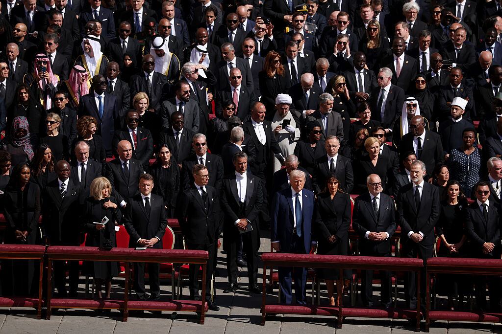 VATICAN CITY, VATICAN - APRIL 26: (2ndL-R) Gabon President Brice Clotaire Oligui Nguema, France's First Lady Brigitte Macron, France's President Emmanuel Macron, Finland President Alexander Stubb, US President Donald Trump, US First Lady Melania Trump, Estonian President Alar Karis, King Felipe VI of Spain, Queen Letizia of Spain, Ecuador's President Daniel Noboa attend the funeral of Pope Francis in St. Peter’s Square on April 26, 2025 in Vatican City, Vatican. Pope Francis died on April 21st at the age of 88. Born in Argentina as Jorge Mario Bergoglio, he was the first Latin American and the first Jesuit to become Pope when elected in 2013. Taking the name Francis after St Francis of Assisi, he promoted a more humble version of the papacy than many of his predecessors. He will be buried outside of the Vatican in a simple wooden coffin at the Basilica Santa Maria Maggiore.  (Photo by Dan Kitwood/Getty Images)
