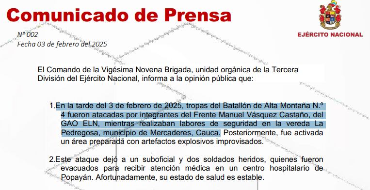 Ejército confirmó ataque con campo minado en Cauca.