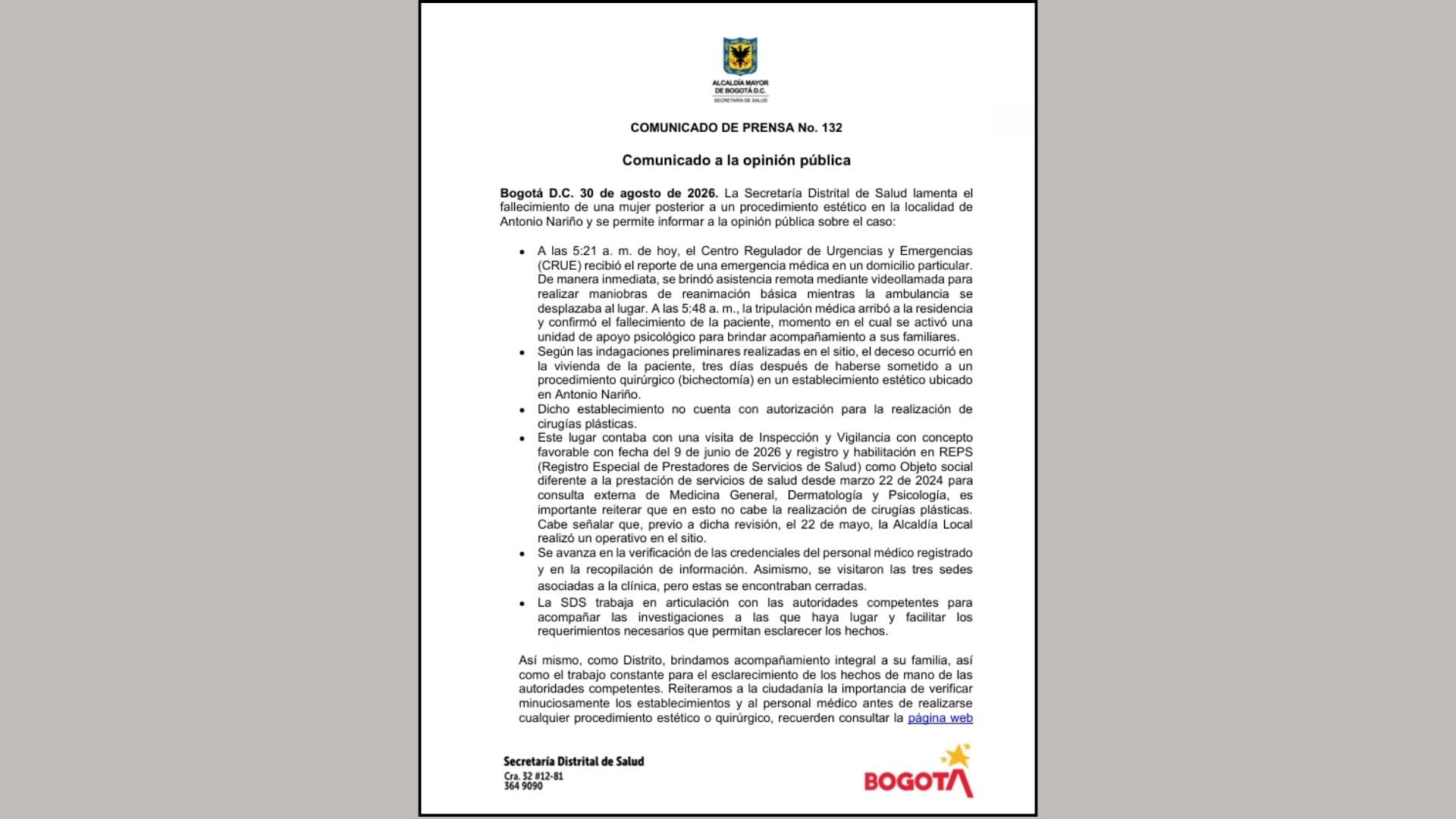 Comunicado de la Secretaría Distrital de Salud sobre el fallecimiento de una mujer tras un procedimiento estético en Bogotá.