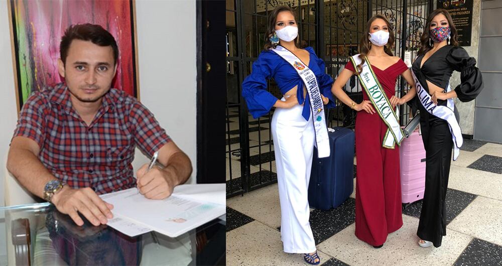 Izquierda: Daniel Sáenz, secretario de Cultura del Huila. Derecha: Las candidatas de Huila, Boyacá y Tolima al Reinado Nacional del Bambuco.