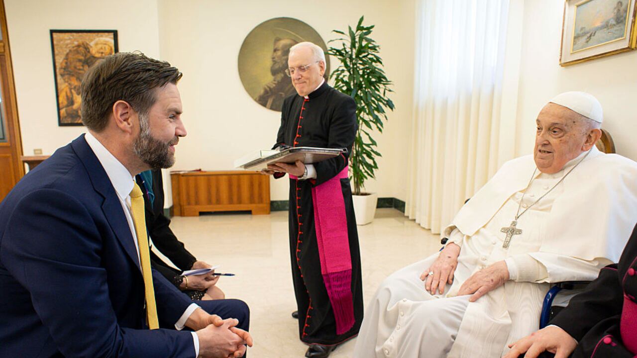 VATICAN CITY, VATICAN - APRIL 20: (EDITOR NOTE: STRICTLY EDITORIAL USE ONLY - NO MERCHANDISING). Pope Francis meets with U.S. Vice President JD Vance and delegation during an audience at Casa Santa Marta on April 20, 2025 in Vatican City, Vatican. (Photo by Vatican Media via Vatican Pool/Getty Images)