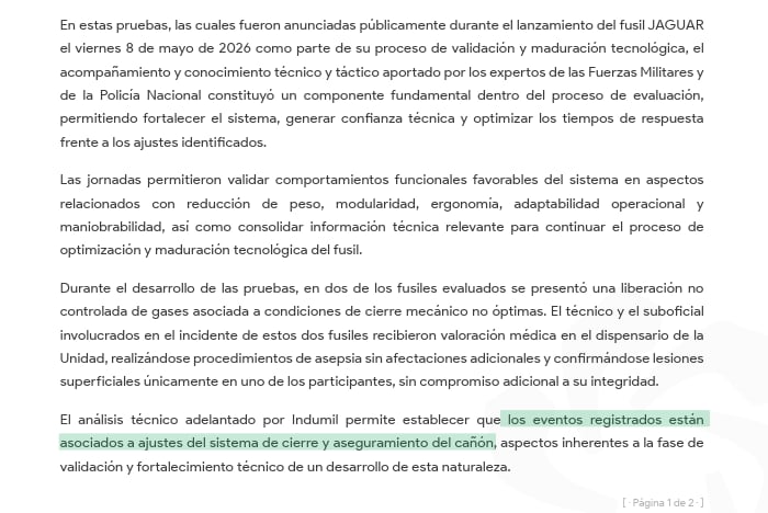 Indumil confirmó primeras fallas en el fusil Jaguar.