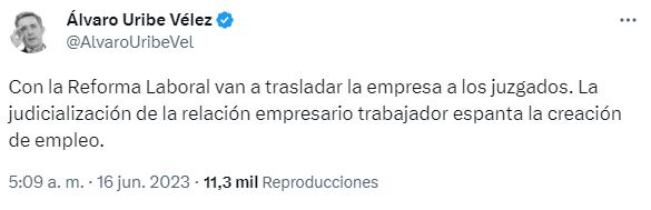 Trino de Álvaro Uribe sobre la reforma laboral.