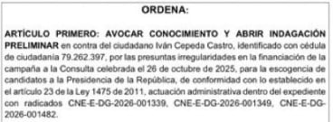 El CNE abrió indagación preliminar contra Iván Cepeda.