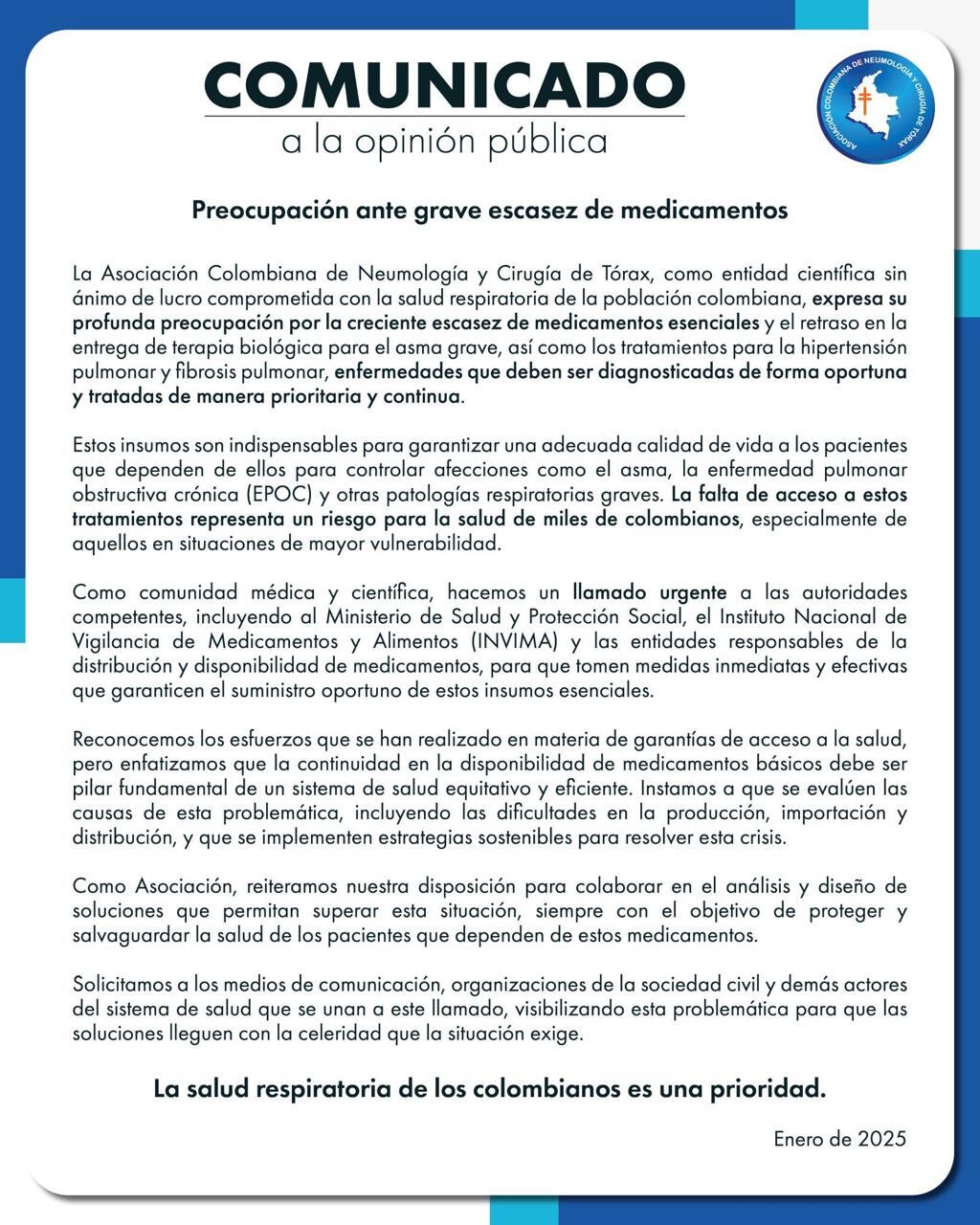Comunicado de la Asociación Colombiana de Neumología y Cirugía de Tórax.