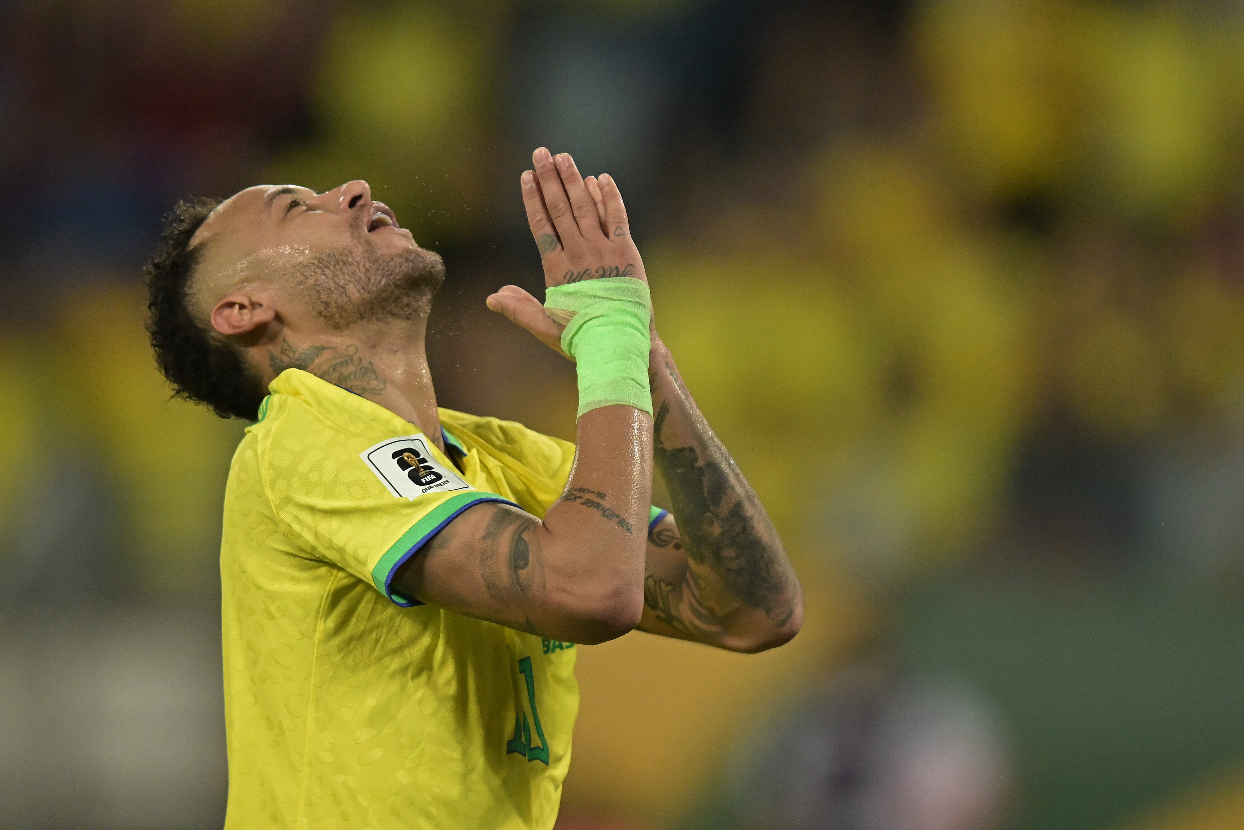 CUIABA, BRAZIL - OCTOBER 12: Neymar Jr. of Brazil reacts during a FIFA World Cup 2026 Qualifier match between Brazil and Venezuela at Arena Pantanal on October 12, 2023 in Cuiaba, Brazil. (Photo by Pedro Vilela/Getty Images)