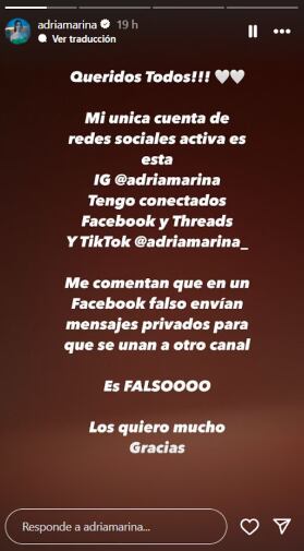 Adria Marina advierte que está siendo suplantada en redes sociales.