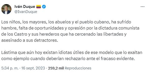 Trino del expresidente Iván Duque en el que asegura que "aún hoy existen idiotas útiles"
