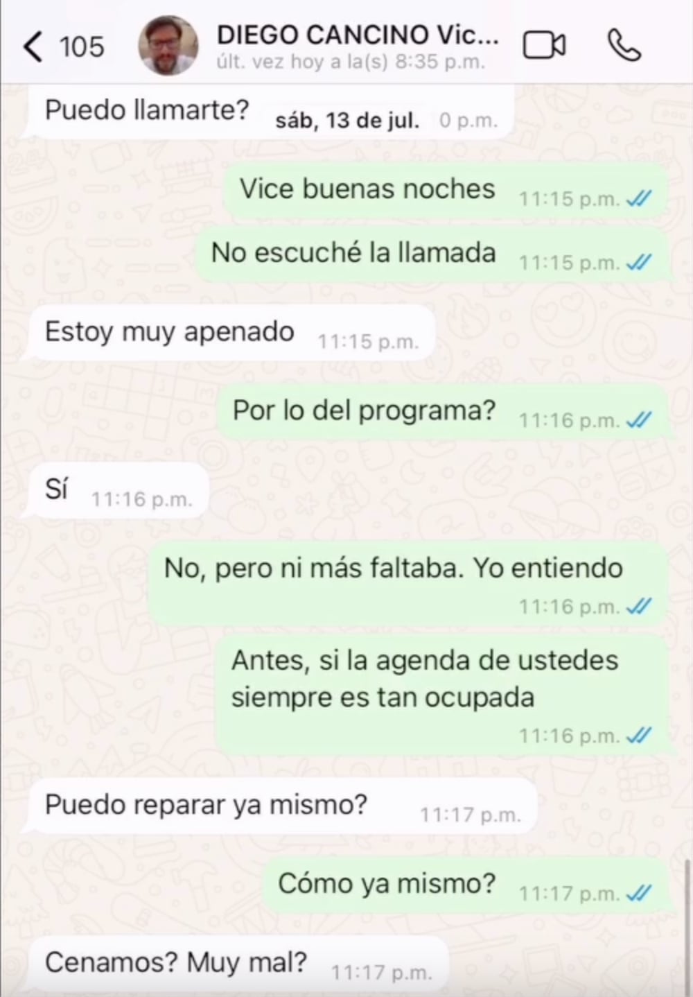 Chats de Ana María Vélez con Diego Cancino.