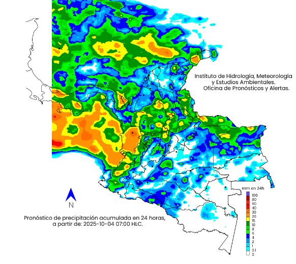 La escala de colores indica la cantidad de precipitación acumulada (en milímetros) el 4 de octubre de 2025