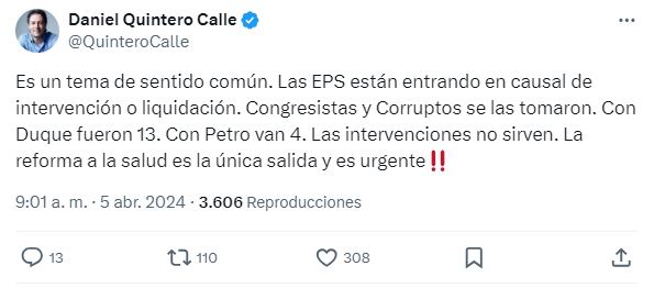 Trino de Daniel Quintero sobre la reforma a la salud.