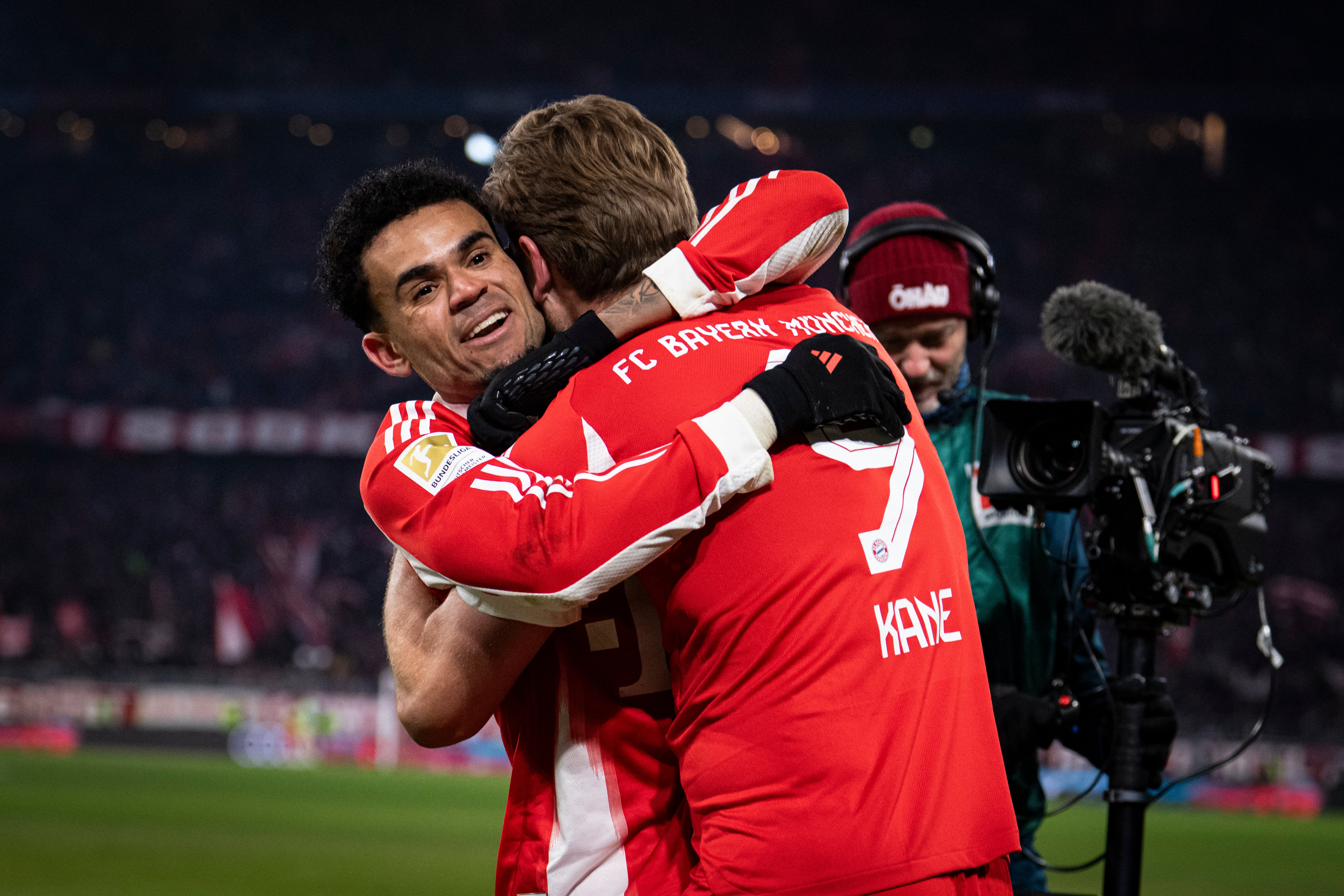 MUNICH, GERMANY - JANUARY 11: Luis Diaz of FC Bayern Munich and Harry Kane of FC Bayern Munich celebrating a goal during the Bundesliga match between FC Bayern München and VfL Wolfsburg at Allianz Arena on January 11, 2026 in Munich, Germany. (Photo by M. Donato/FC Bayern via Getty Images)