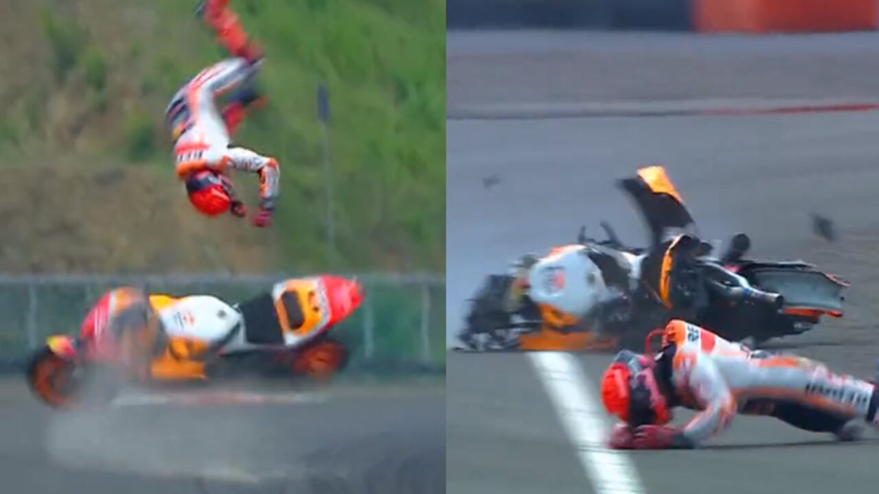 El piloto español se accidente en la calentamientos del GP de Indonesia.