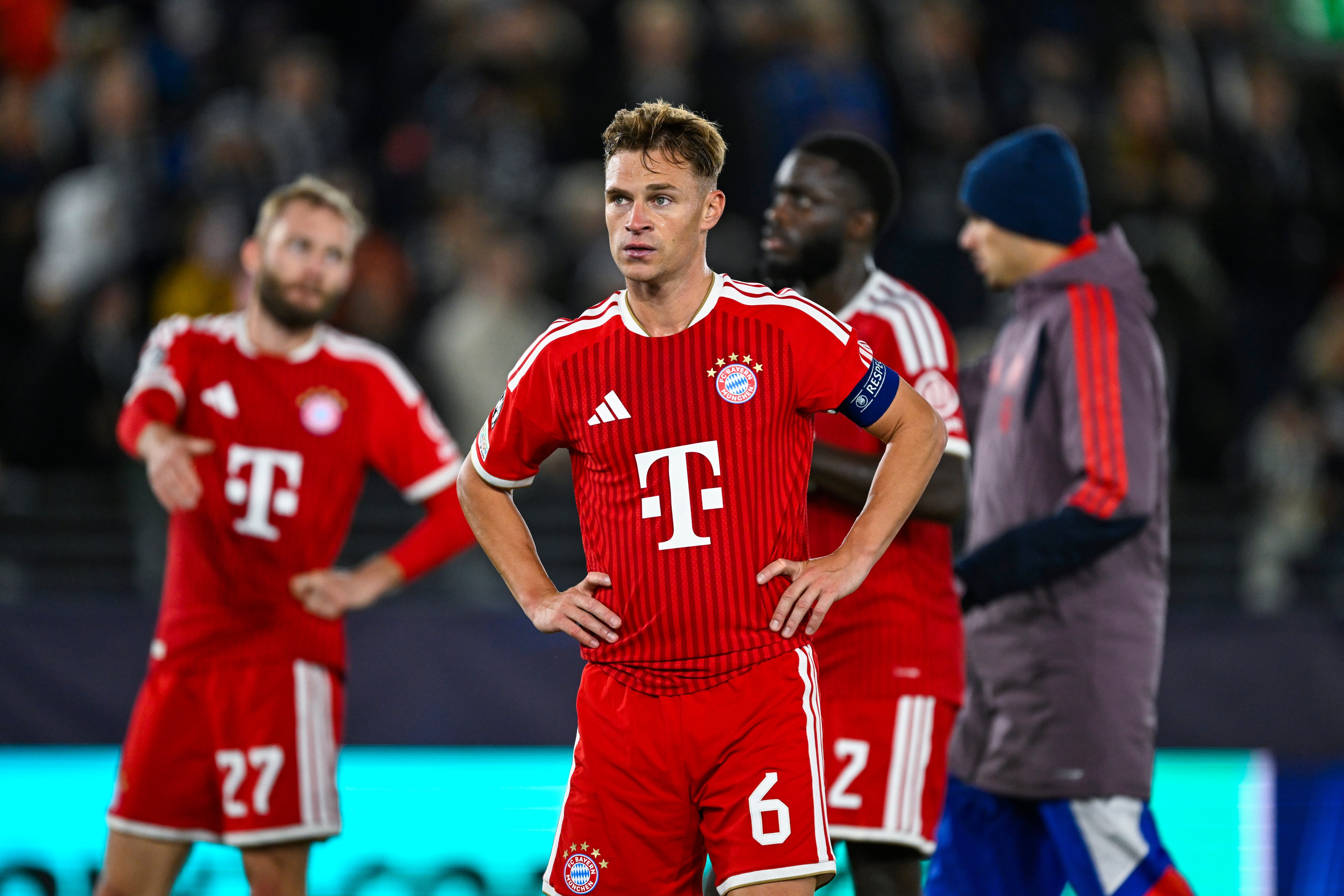 Bayern Munich's Joshua Kimmich reacts after the Champions League opening phase soccer match between Viking and Bayern Munich in Stavanger, Norway, Tuesday Oct. 13, 2026. (Carina Johansen/NTB via AP)