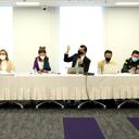 Ministra del Transporte, Ángela María Orozco y otros representantes del gobierno durante las negociaciones con el sector transportador de carga.