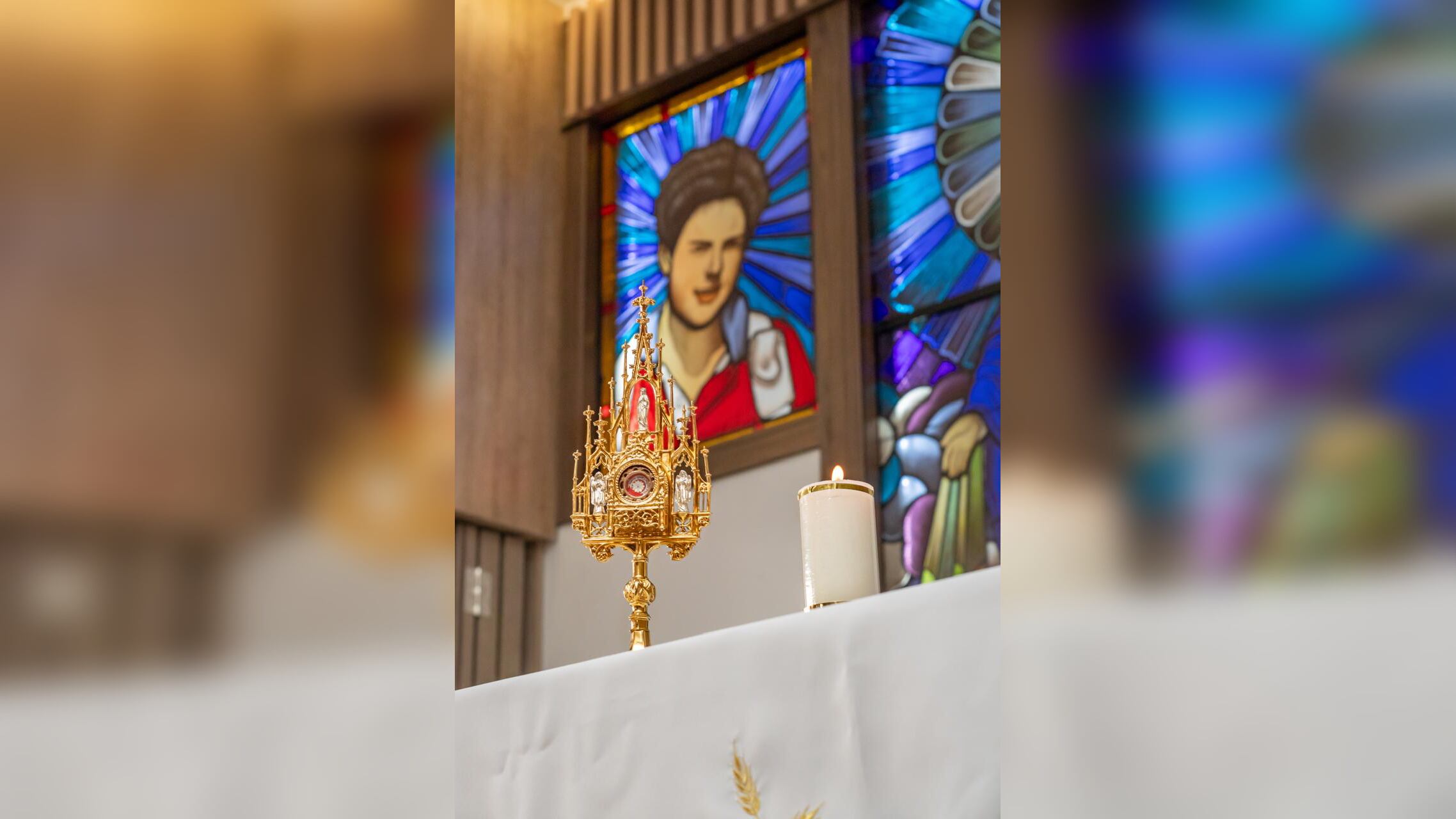 Reliquia del santo Carlo Acutis en el oratorio que lleva su nombre en Bogotá.