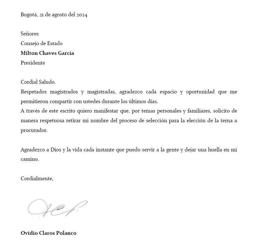 Carta de renuncia a la aspiración a la procuraduría de Ovidio Claros.