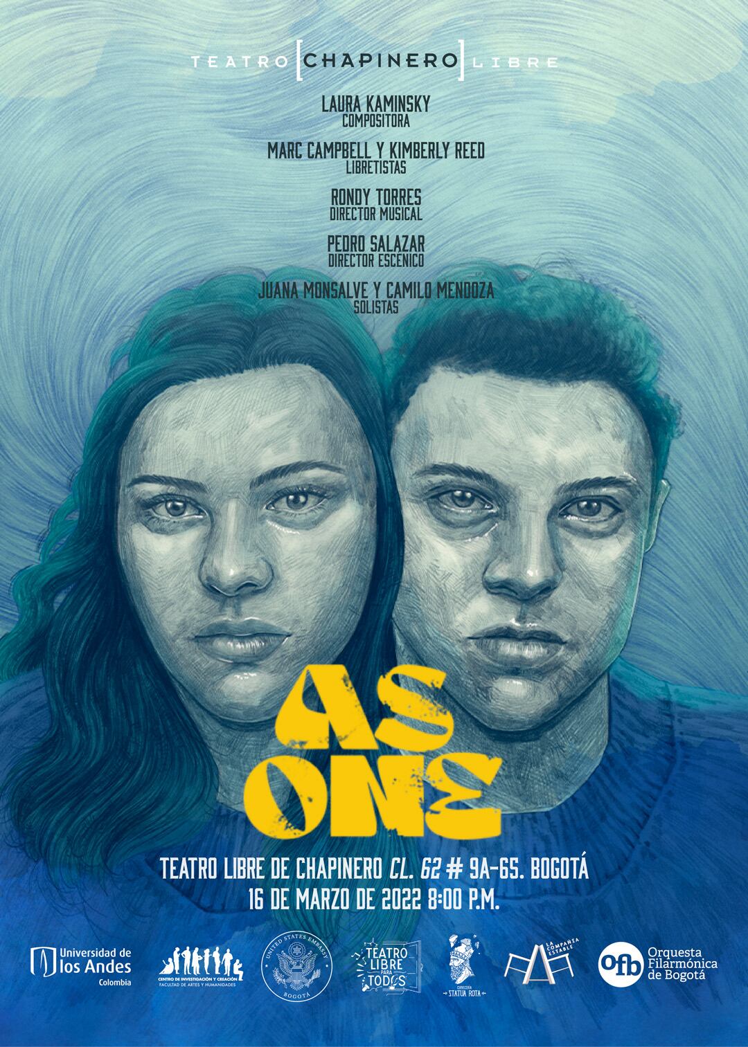 Folleto de presentación de 'As One', donde se ve el apoyo de la Universidad de los Andes, la Orquesta Filarmónica de Bogotá, la Alcaldía Mayor de Bogotá D.C., el Instituto Distrital de las Artes y la Embajada de Estados Unidos en Colombia.