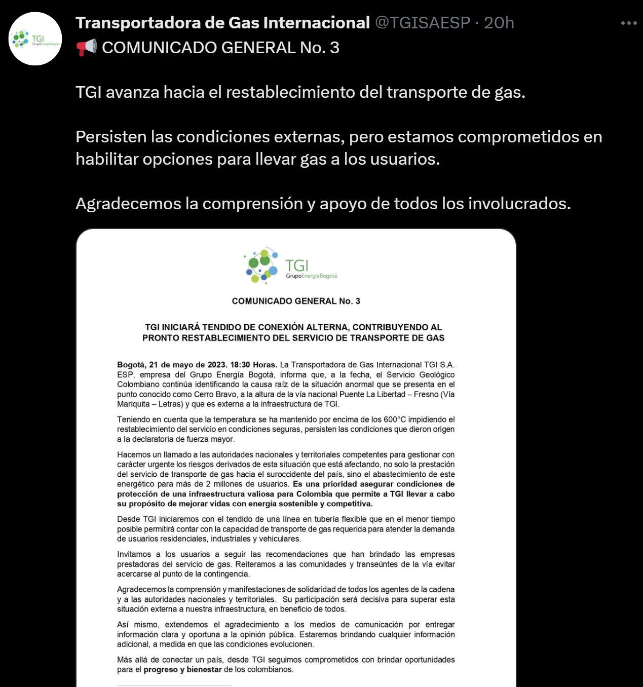 Comunicado de Transportadora de Gases Internacional