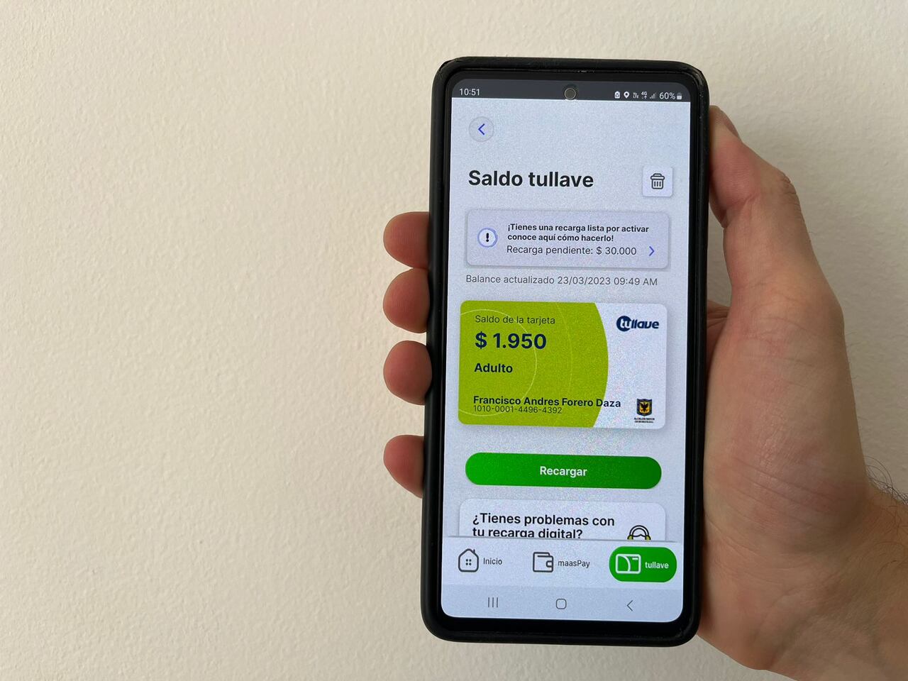 La aplicación mass permite realizar recargas hacia la Tarjeta Tullave.
