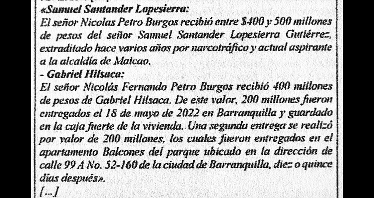  En la matriz se lee con claridad cómo y en qué lugares fue la entrega de dinero del exnarco Santander Lopesierra y de Alfonso Hilsaca.