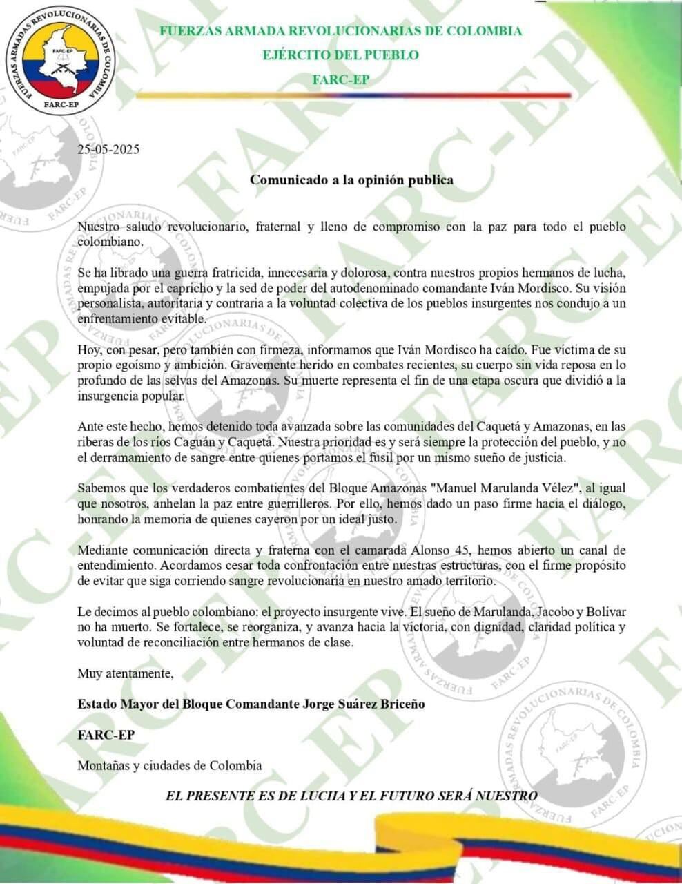 Las disidencias de las Farc publicaron un comunicado con la presunta muerte de alias Iván Mordisco. Las autoridades no han dado veracidad al documento.