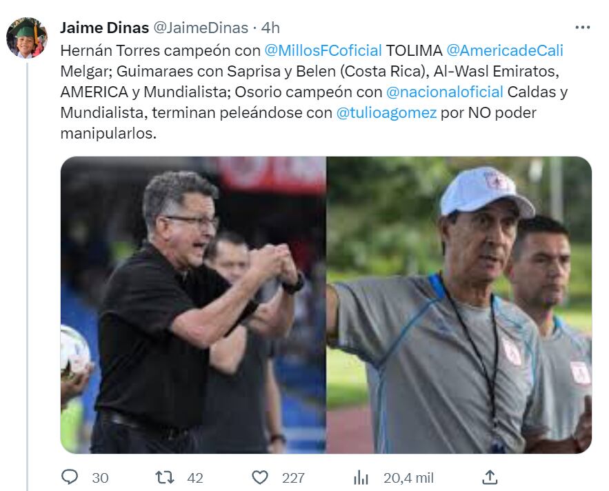 El periodista deportivo, Jaime Dinas, le envió un duro cuestionamiento a Tulio Gómez, accionista del América.