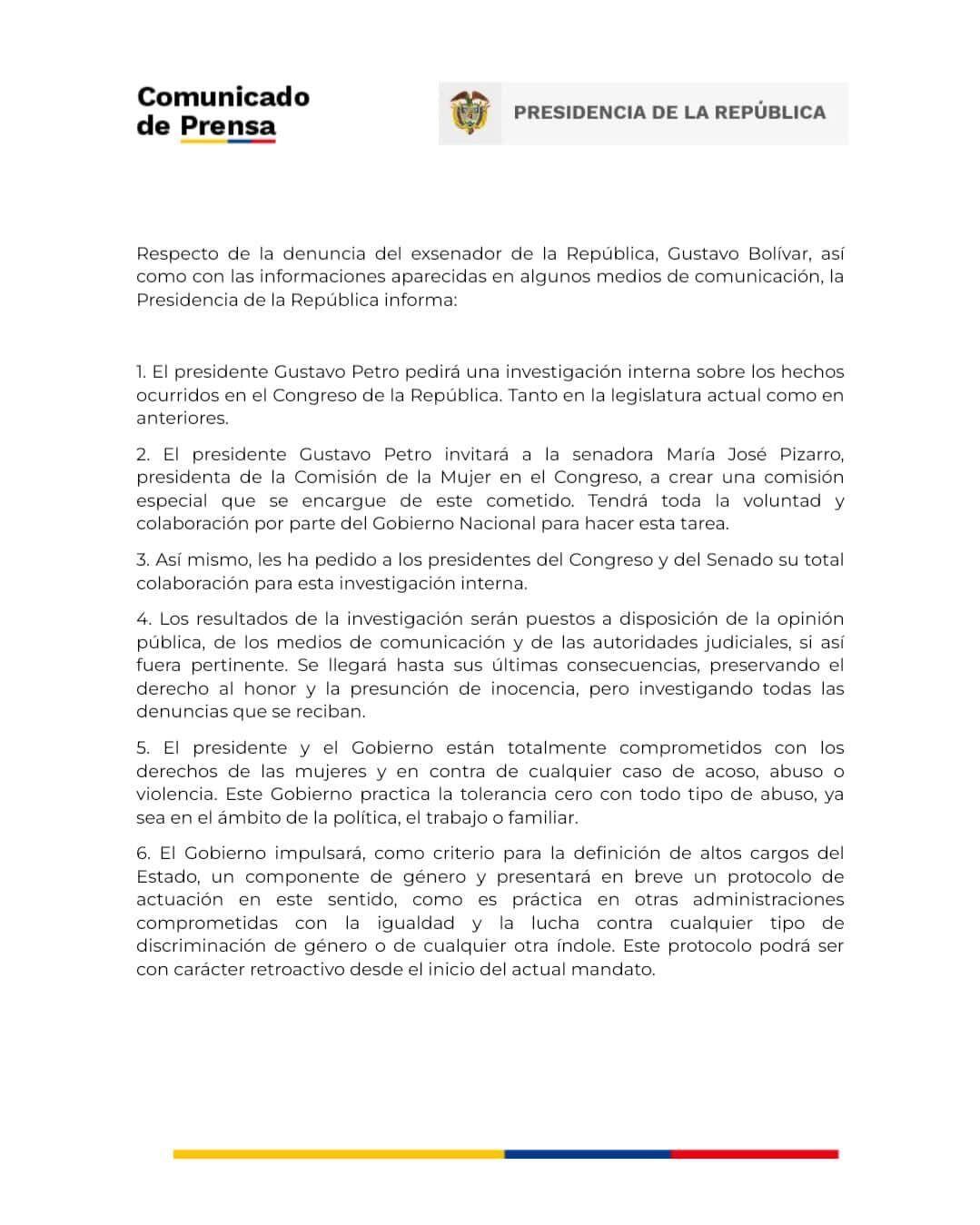 Medidas del presidente Petro ante la denuncia de abuso sexual en el Congreso de la República